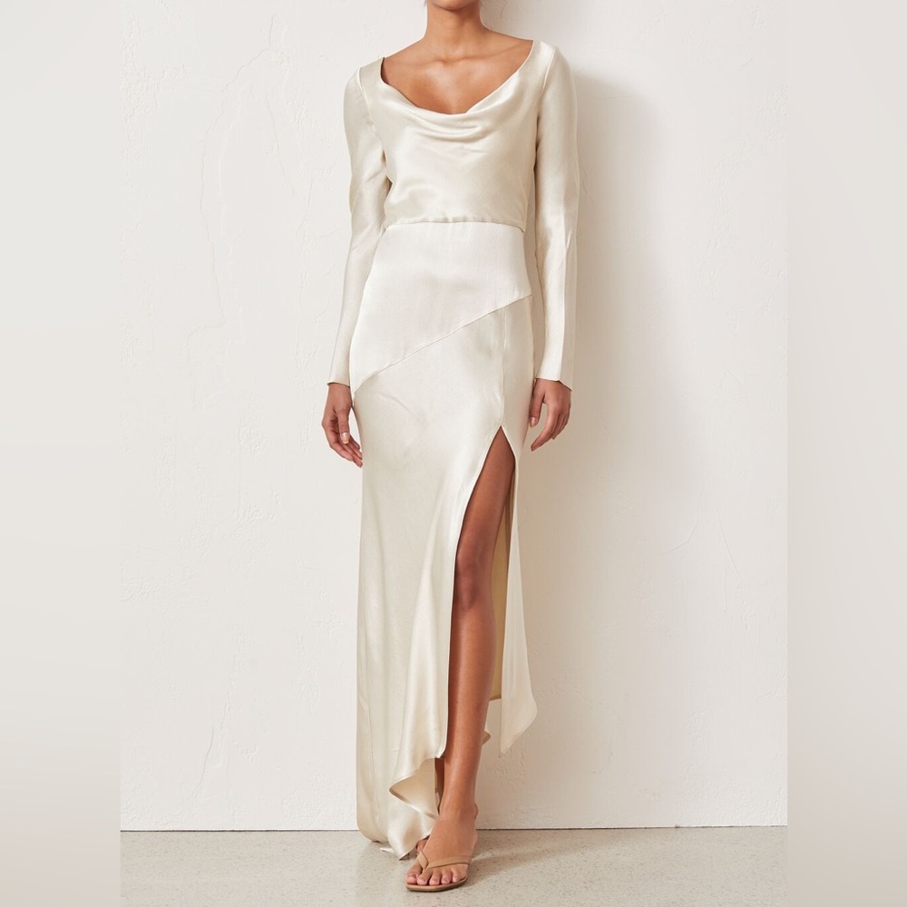 Bec & Bridge Ivory Satin Long Sleeve Maxi Dress with Thigh Slit